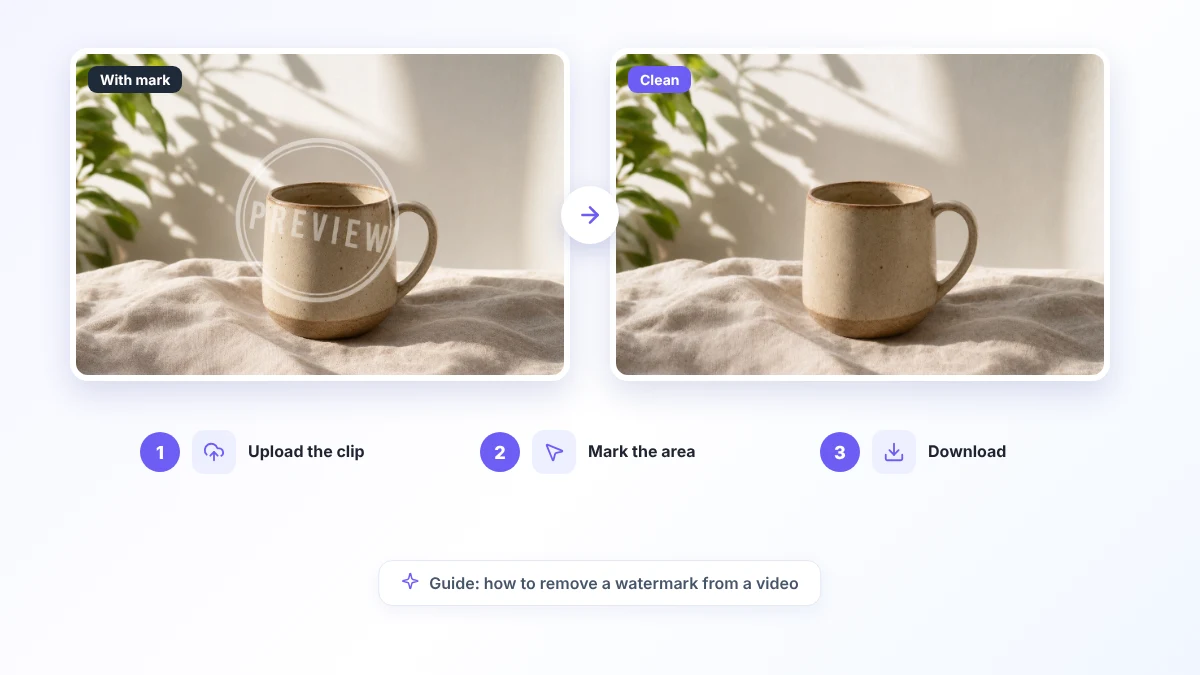 Before and after: removing a watermark from a video with AI