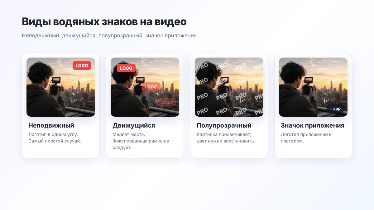 Виды водяных знаков на видео: неподвижный, движущийся, полупрозрачный и значок приложения