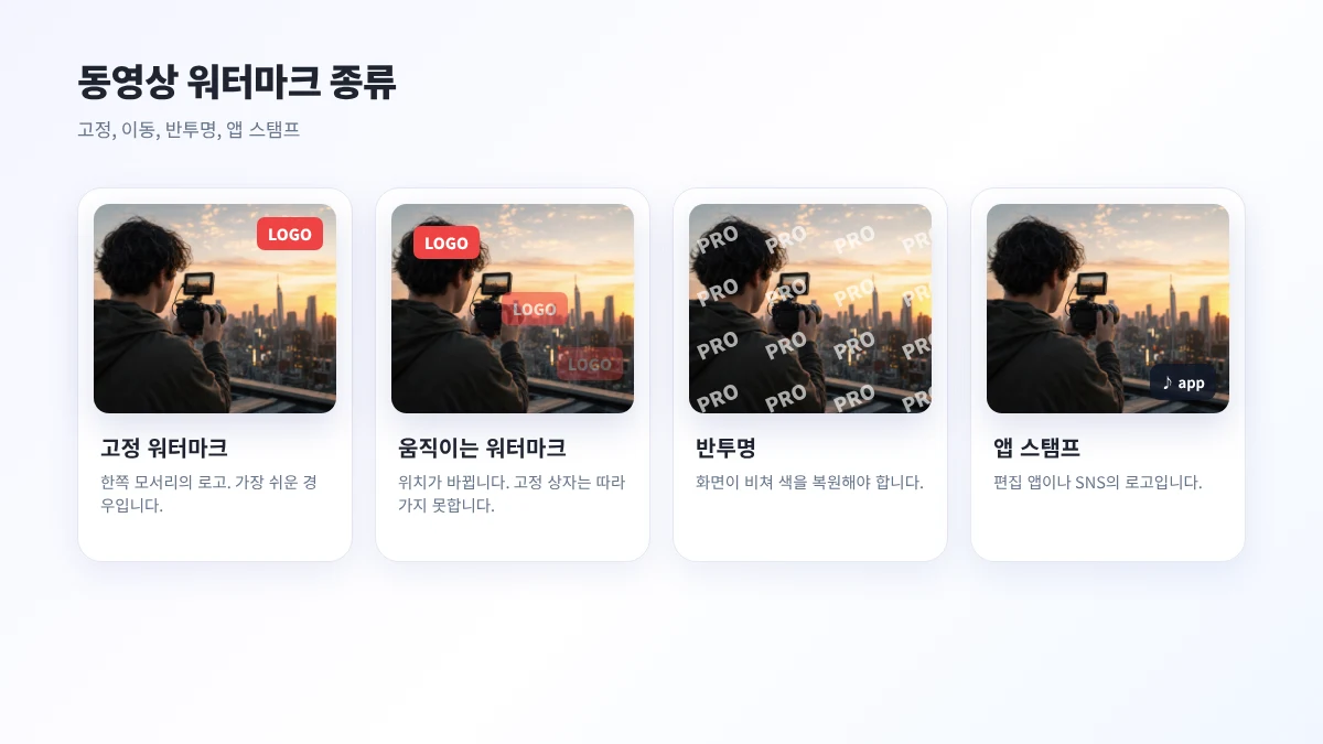동영상 워터마크 종류: 고정, 이동, 반투명, 앱 스탬프