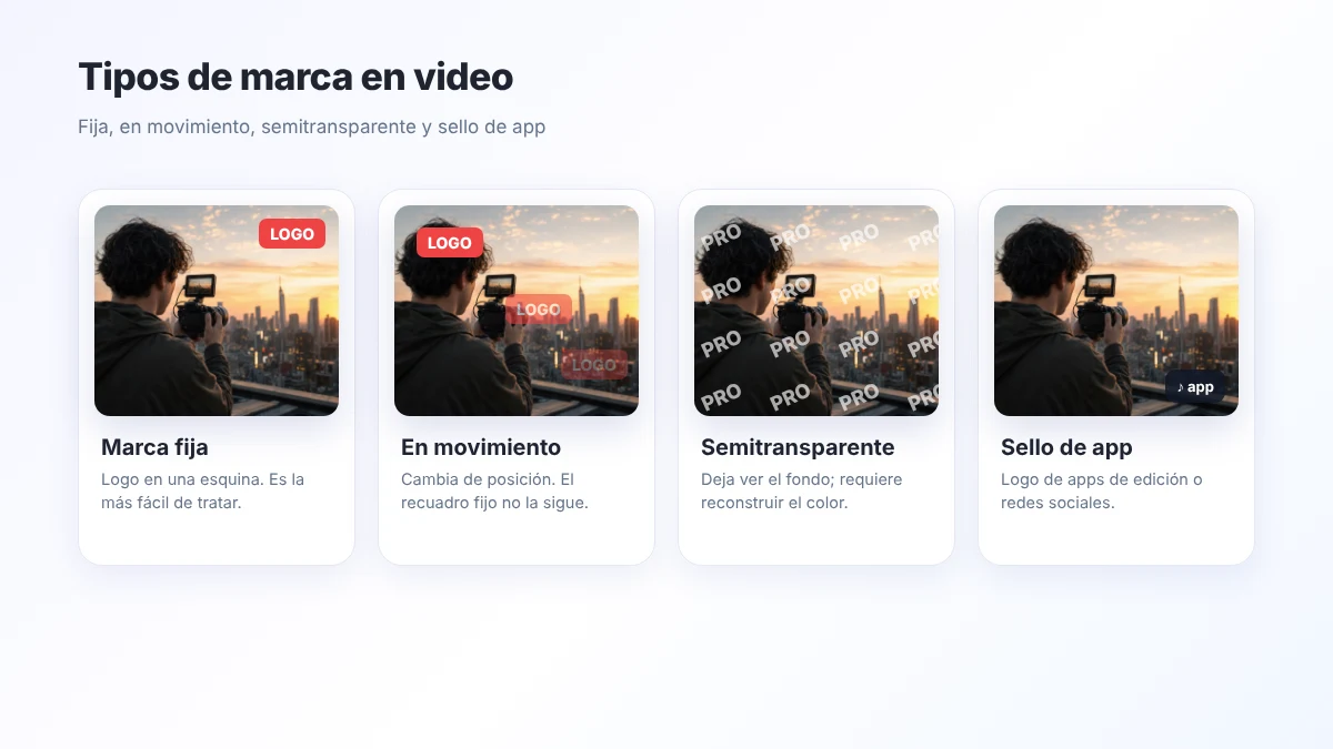 Tipos de marcas de agua en video: fija, en movimiento, semitransparente y sello de app
