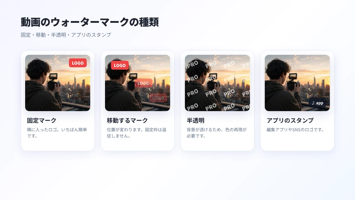 動画のウォーターマークの種類:固定、移動、半透明、アプリのスタンプ