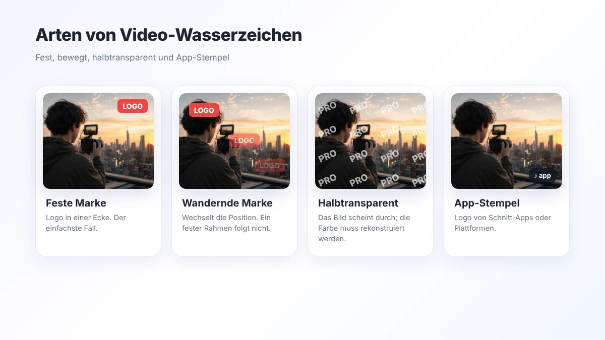 Arten von Video-Wasserzeichen: fest, bewegt, halbtransparent und App-Stempel