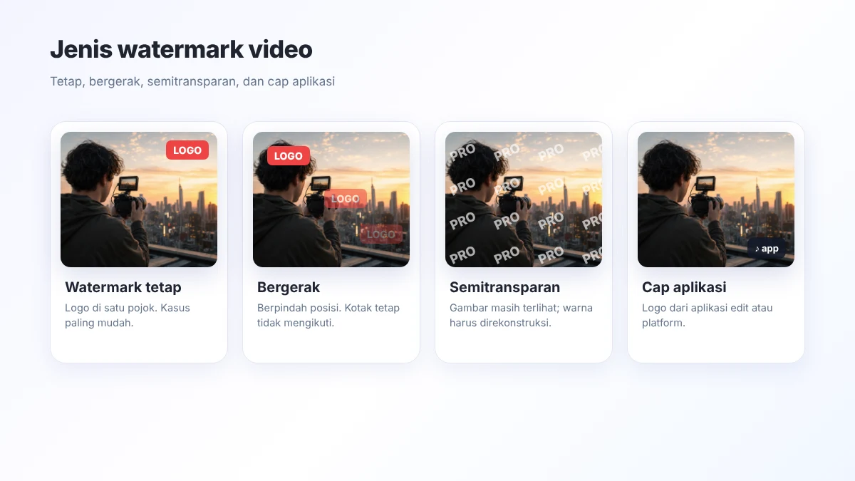 Jenis watermark video: tetap, bergerak, semitransparan, dan cap aplikasi