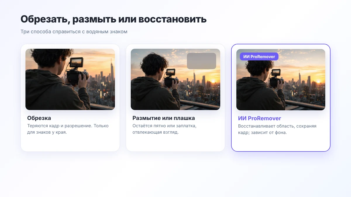 Сравнение: обрезка, размытие и ИИ для удаления водяного знака с видео