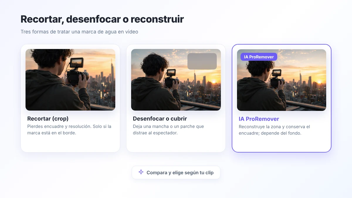 Infografía comparativa: crop, blur vs IA para quitar marca de agua de un video