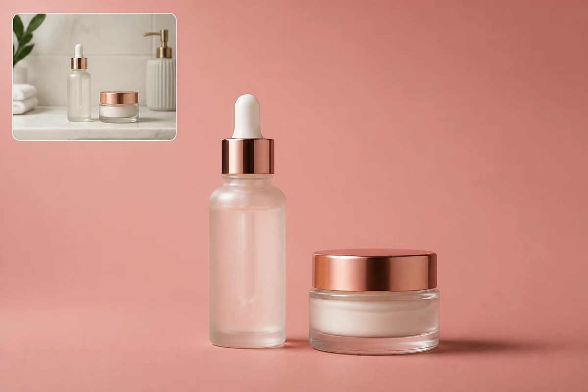 Produk skincare dengan latar merah lembut dan inset foto sebelum diganti
