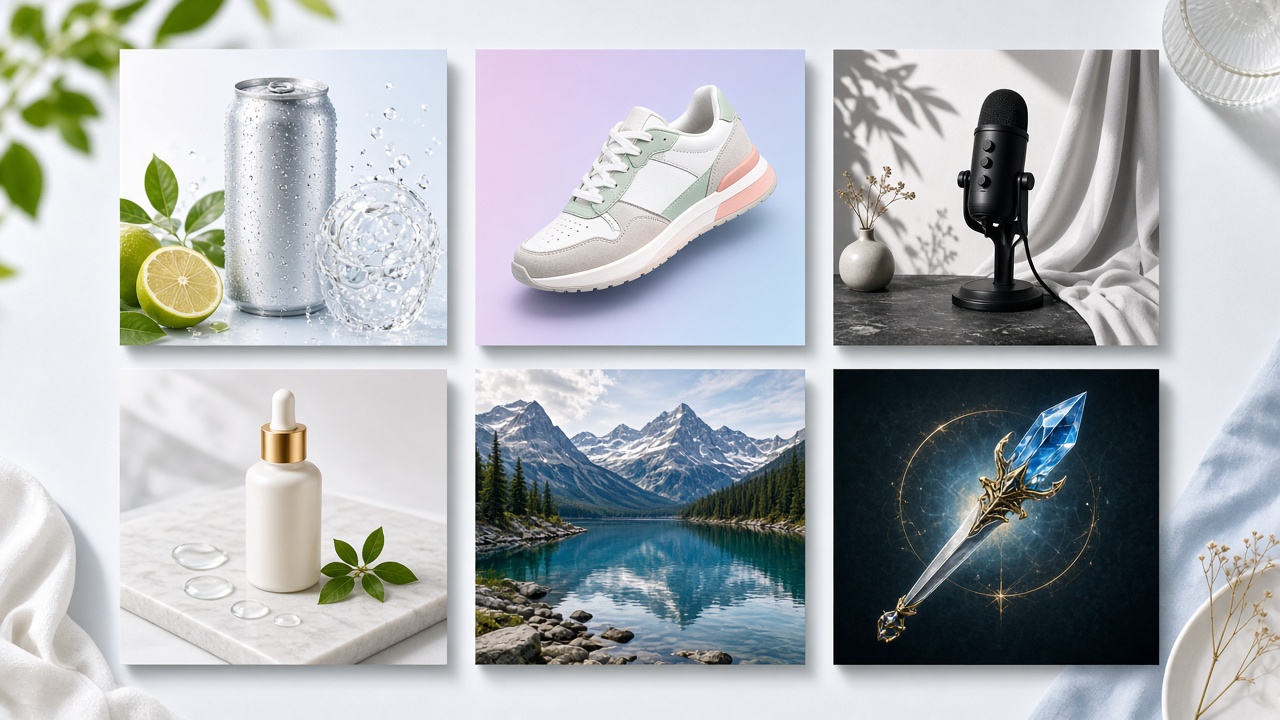 Desk with six finished batch creative assets arranged for download