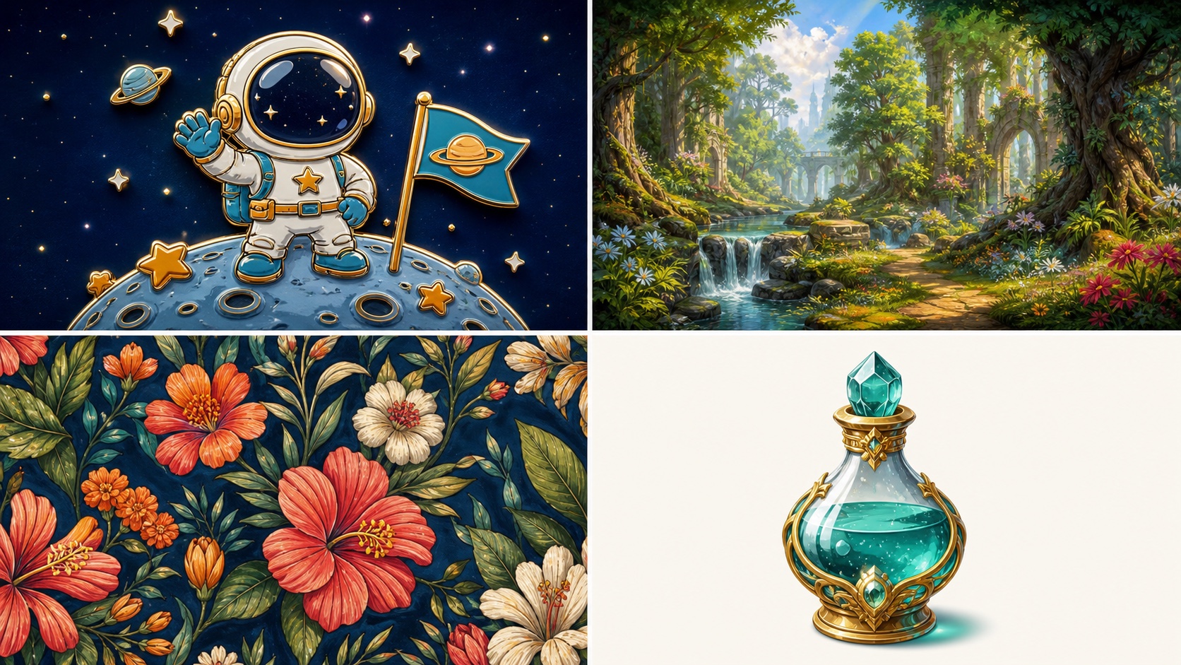 Four finished merchandise and game art concepts
