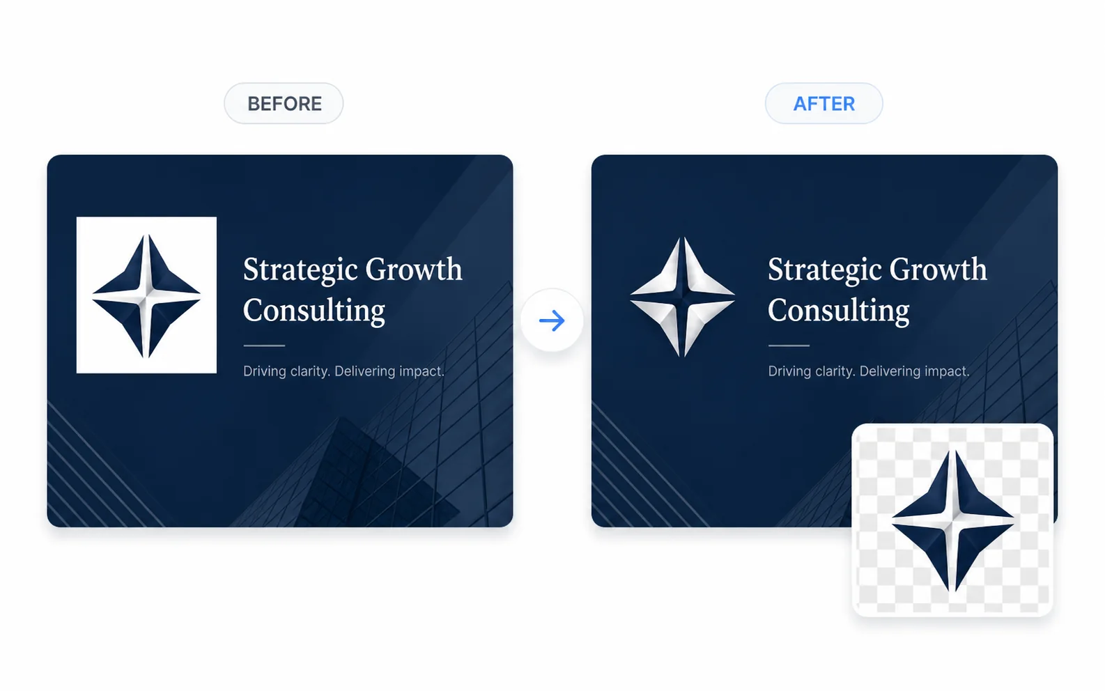 Consulting pitch deck before and after logo background removal